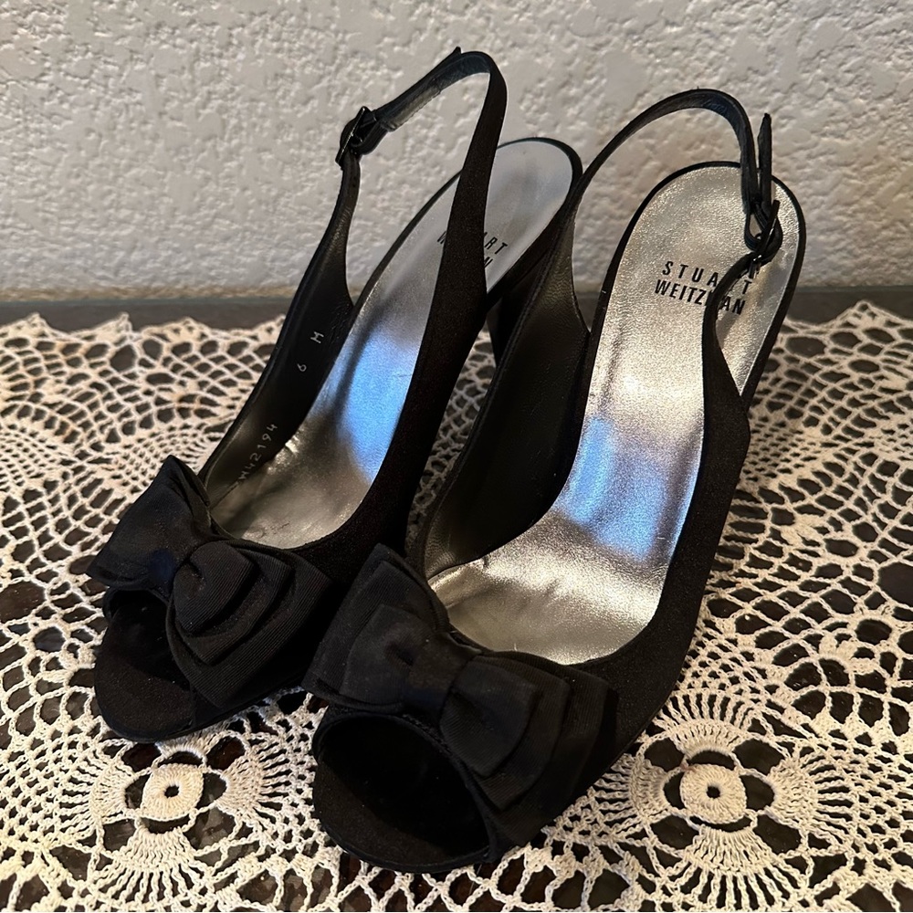 Stuart Weitzman Black Bow Open Toe Slingback Pumps - image 4